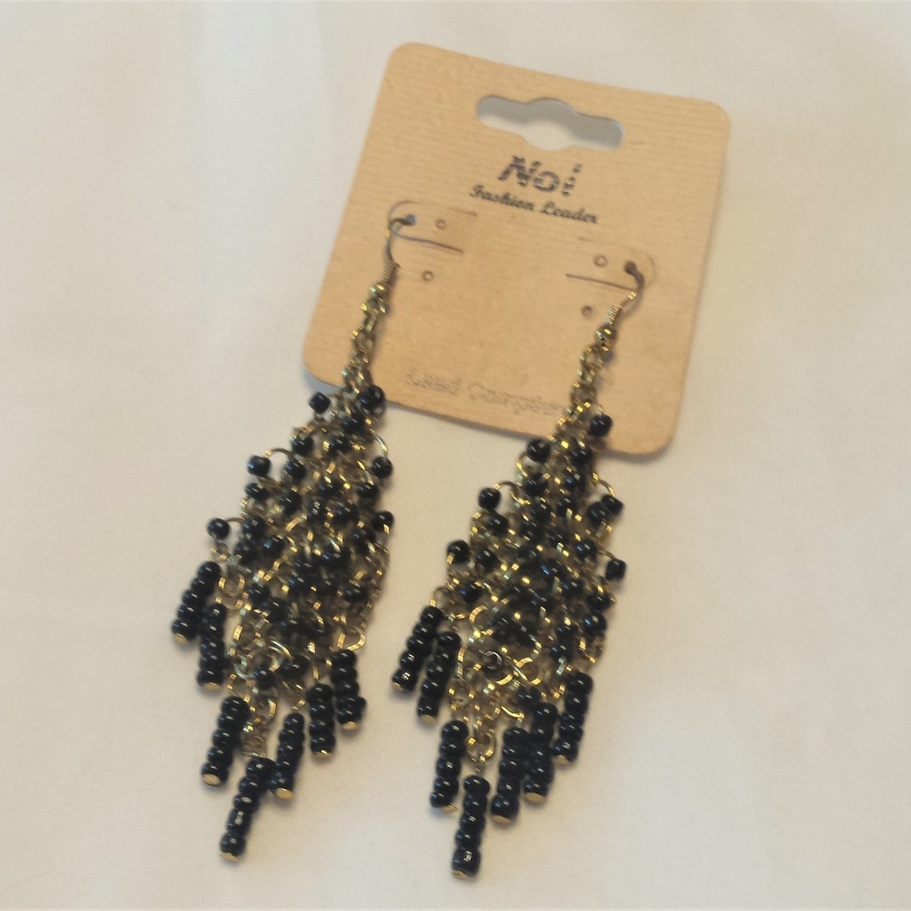 Black Bead Gold Tone Chain Dangle Earrings